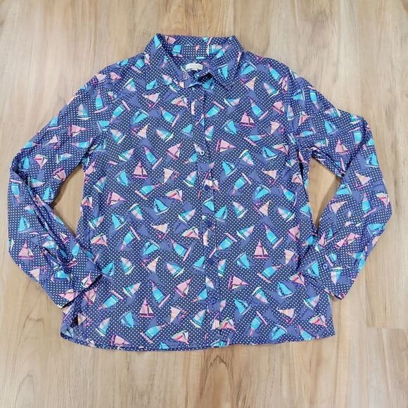🔺️Talbots Blue Sailboat Print Buttoned Adjustable Long Sleeve Shirt Medium - Picture 1 of 10